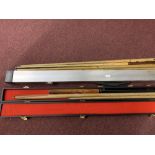 Sporting: Peradon cased snooker/pool cue, John Parrott Unicorn cue plus four others including a