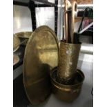 20th cent. Brassware: Large Islamic tray Dia. 36ins, plant pot holder, umbrella stand, to include