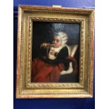 19th cent. English School: Oil on canvas of a baby and rattle. 7½ins. x 6ins.