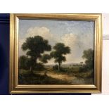 19th cent. English School: Oil on canvas figures by a river. 13ins. x 12ins.