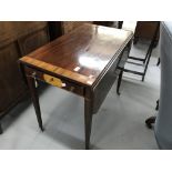 Early 19th cent. Mahogany with fruitwood inlay drop leaf hall table with drawer. On tapered inlaid