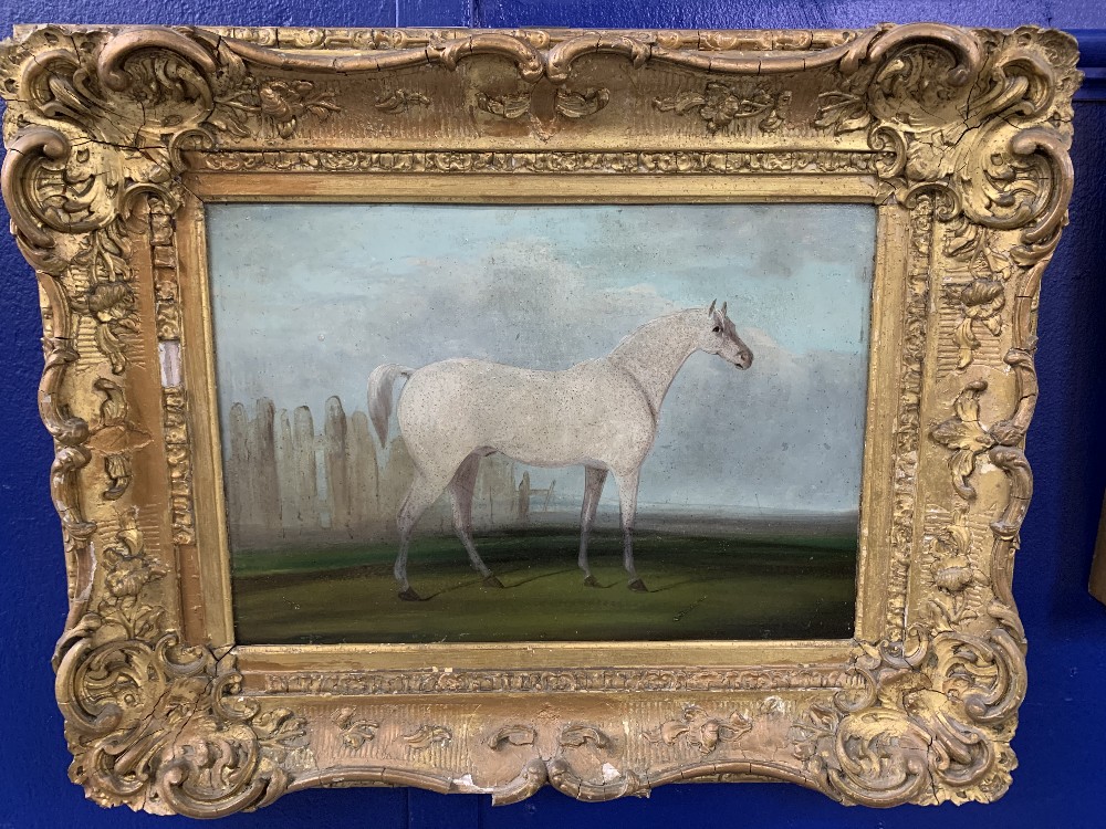 Late 18th/early 19th cent. English School: Naive grey horse with Stonehenge in the background. - Image 2 of 2