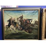 Paintings: 19th cent. Naive study of an Arabian lion hunt. Signed G. Kreitzer 1843. 25ins. x 30ins.