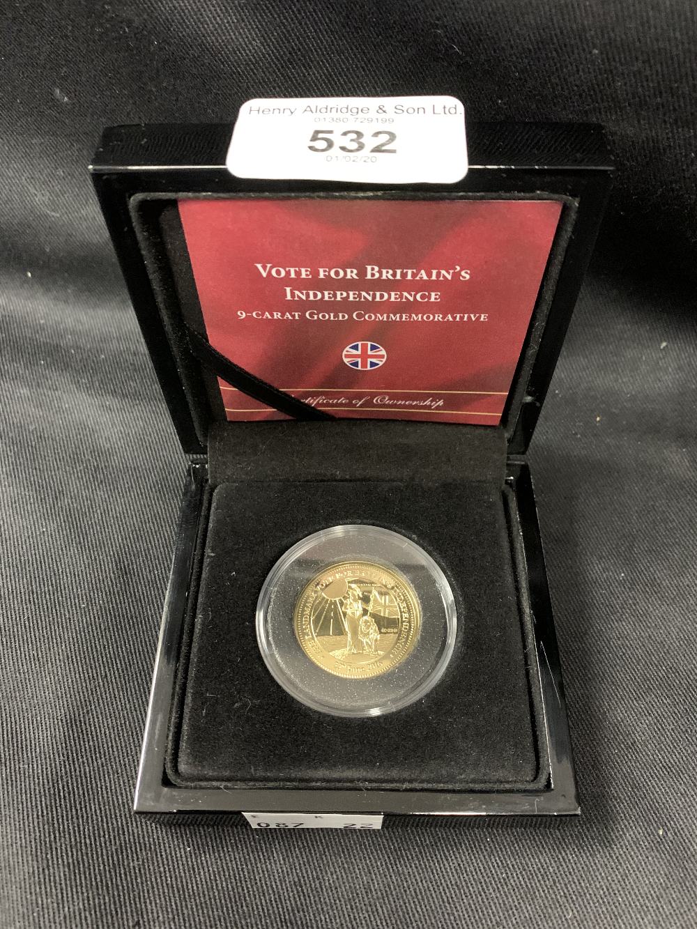 Coins: Gold Commemorative proof, Britannia and the Lion 'Vote for Britain's Independence'. 9ct.