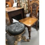 Early 20th cent. Gothic oak hall chair, plus a Victorian piano stool.