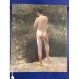 20th cent. English school: Oil on canvas nude study of a young man 24ins. x 20ins. Signed HST