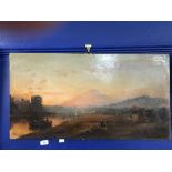 19th cent. Italian School: Oil on canvas, river scene with volcano in the background. 30ins. x