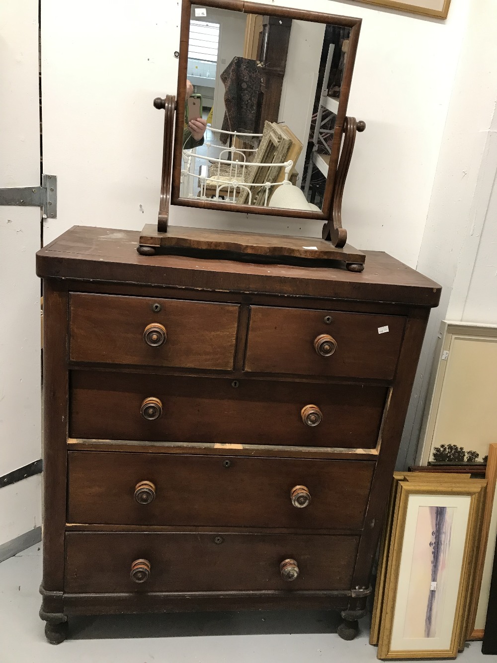 19th cent. Chest of two short and three long drawers. Plus mahogany dressing table mirror. 24ins.