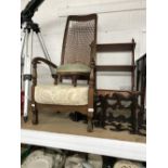 20th cent. Bergere low chair, footstool, a reproduction bookcase and 19th cent. Rosewood wall