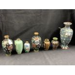19th/20th cent. Cloisonné vases, blue ground, floral decoration. Height 8½ins. Black ground with