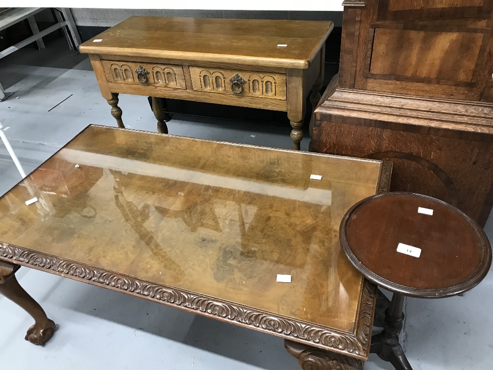 20th cent. Oak linen fold telephone table. 29½ins. Plus a walnut effect glass top coffee table,