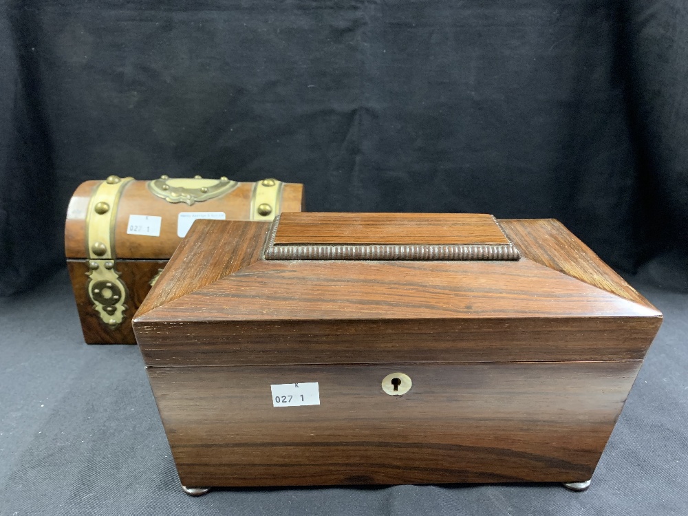 19th cent. Walnut tea box with brass bound decoration, plus a 19th cent. rosewood sarcophagus