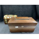 19th cent. Walnut tea box with brass bound decoration, plus a 19th cent. rosewood sarcophagus
