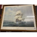 Prints: Robert Taylor signed print of The Golden Hinde. 20ins. x 16ins.