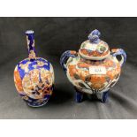 19th/20th cent. Oriental Ceramic: Imari two handled censor and cover plus a baluster long neck