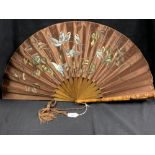 Early 20th cent. Chinese silk painted fan, brown ground with bluebirds and bamboo sticks. 26ins