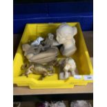 20th cent. Figures: Alabaster Venus, sleeping child, lion, brass horse, terracotta monkeys "