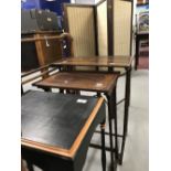 19th cent. Mahogany four panel silk screen. 56ins. x 45ins. Rosewood single nest table with ebony