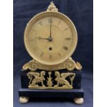 Clocks: 19th cent. Gilt bronze mantel clock French Royal Exchange 8 day. Fusee floral crest over a