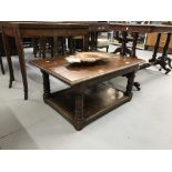 20th cent. Oak small table on turned bobbin or cotton reel supports with shelf beneath. 36ins. x