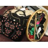 Fashion: Evening bags, black velvet, pink bead decoration x 2, black silk embossed with