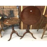 19th cent. Oak pie crust tilt top wine table on tripod supports. D 17ins. x H 23ins. Plus another