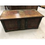 18th cent. Oak chest with three naive decorated panels to front and decorated lid. 43ins. x 21ins. x