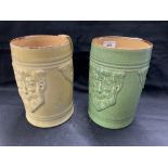 Royal Doulton: Greenman/Bacchus tankards. One green, one oatmeal. Two tankards. Approx. 9ins. 1 A/