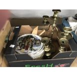 19th cent. Brass candlesticks, candelabra, and a collection of Royal Doulton Franklin Mint plates.