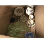 20th cent. Japanese part tea set in need of restoration plus a 1930s style green glass dressing