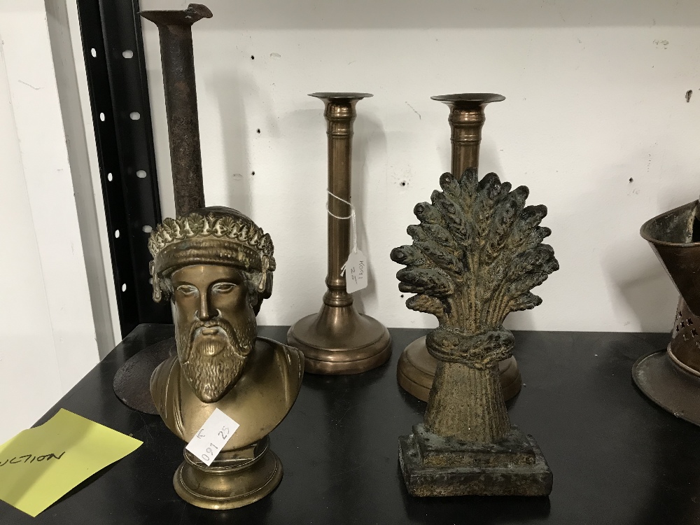 19th cent. & later Metal Ware: Wheatsheaf doorstop, Toleware candlestick with pusher, bronzed bust