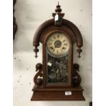 Clocks: Mahogany regulator clock, Roman numeral dial, glass engraved front panel with arched top and