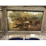 19th cent. English School: Oil on board of cattle pulling carts, a pair. 9ins. x 5ins.