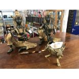 20th cent. Indonesian brass figures of deity, brass inkwell and porcupine quill. (4).