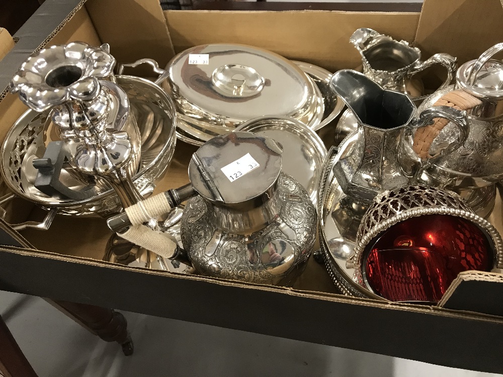 Plated ware: Silver plated bowls, tray, candlestick, teapot, sugar bowl, and jugs.