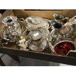 Plated ware: Silver plated bowls, tray, candlestick, teapot, sugar bowl, and jugs.