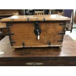 Maritime: 19th cent. Elm sailor's ditty box with applied metal banding, iron handles, hasp and