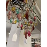 Lighting: 20th cent. Glass chandelier type light shades with multi coloured drops, a pair.