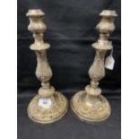 20th cent. Electro plate Gothic style candlestick. 12ins. A pair.