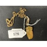 Yellow metal Victorian belcher link chain with a carved quartz pendant. Stamped 9ct, tests 9ct. 7.