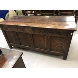 18th cent. Oak coffer with carved decoration to the front, four carved panels to front, and plain to