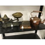 Late 19th early 20th cent. Brass, Copper and Metal Ware: Copper kettle, brass scales, misc.