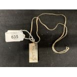 Hallmarked Silver: chain with 2oz. silver ingot attached, London 1977. Total weight 64.6g approx.