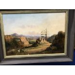 19th cent. Continental School: Oil on canvas goats on a mountain path. 18ins. x 12ins.