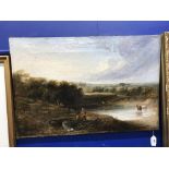 19th cent. English School: Oil on canvas cattle by a river, stencilled on reverse R H Noble,