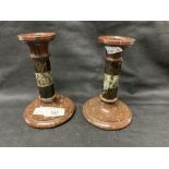19th cent. Bluejohn candlesticks, one A/F. Height 6¼ins.