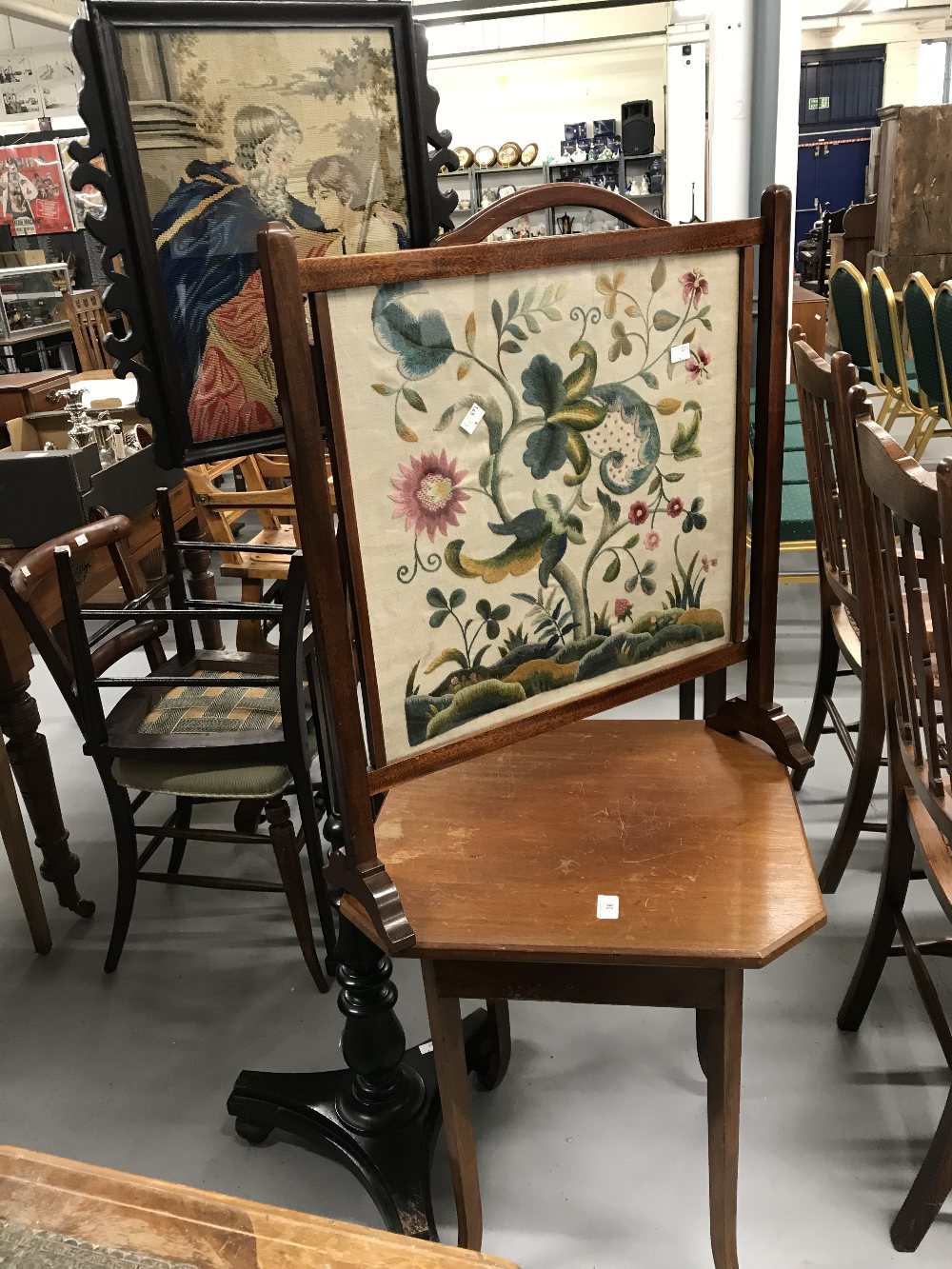 19th cent. Ebonised pole screen plus a fire screen and oak occasional table. (3)