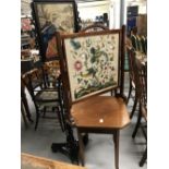 19th cent. Ebonised pole screen plus a fire screen and oak occasional table. (3)