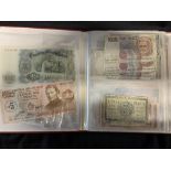 Banknotes: 1955 White five pound note B60A 036661, one pound notes, ten shilling and an album of