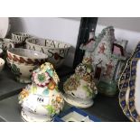 19th cent. Ceramics: Staffordshire bocage decorated Pastille burners, plus later cottage.